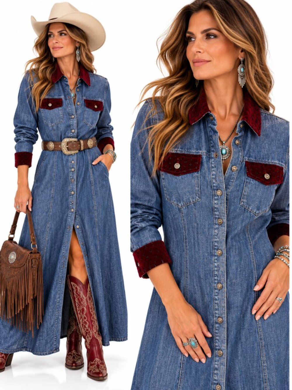 Gotcha Covered Denim Maxi Dress Womens S Velvet Trim 80s Western Rodeo Vintage